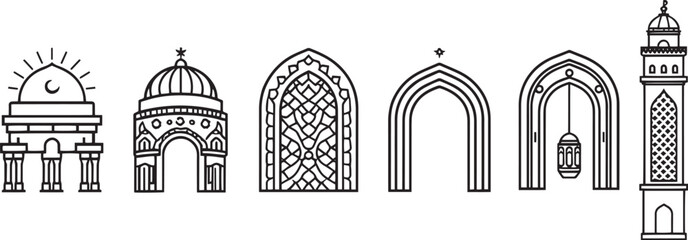 Traditional Islamic Arch Window Mosque Dome and Minaret Tower Line Art Icons Set Vector © RASNA