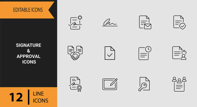 Digital Signature And Approval Icons For Document Authorization Workflow And Final Validation