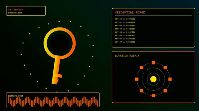 A zero trust security interface displays floating golden keys and rotating matrix patterns during a digital authentication process across three sequential panels of dark screen