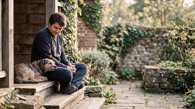 Young man sitting with his dog on wooden porch steps in green garden with stone wall, quiet moment of calm reflection and pet companionship in soft daylight.