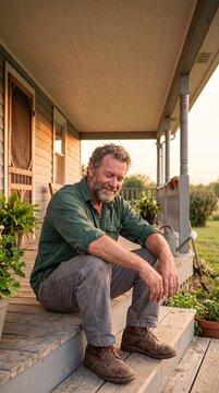 Smiling mature man with gray beard resting on wooden farmhouse porch steps at golden sunset, senior enjoying peaceful countryside evening with contentment.