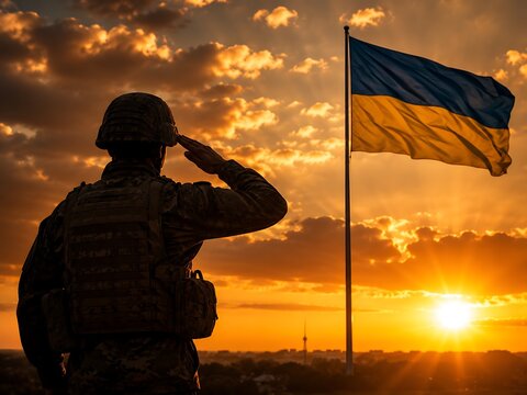 Silhouette of a soldier saluting at sunrise with the Ukrainian flag waving in the background