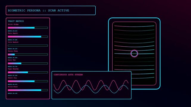 A digital zero trust security monitor displays animated biometric scanning bars and oscillating wave patterns representing user verification processes on a dark screen interface for authenticating