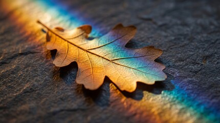 Obraz premium Single dried oak leaf illuminated by a vibrant prism rainbow light beam on dark stone with surface while prismatic displays single brown leaf resting textured