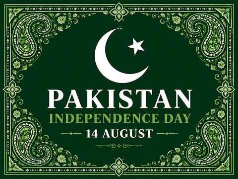 Pakistan Independence Day 14 August celebration with crescent moon and star on green paisley background