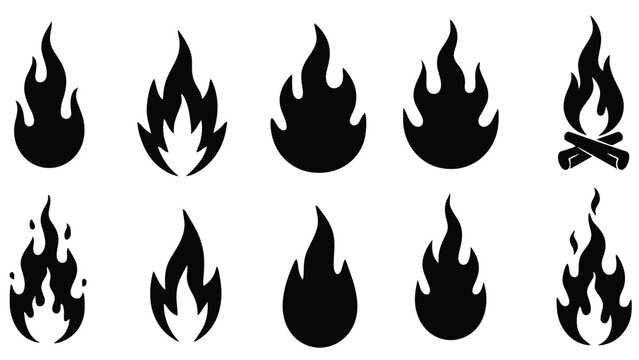Set of ten varied flame icons featuring different shapes and styles for fire safety and graphic design project elements