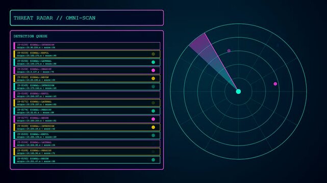 Monitoring network traffic with zero trust protocols showing scrolling system data lists and moving radar sweeps across glowing digital interfaces in a dark virtual control environment