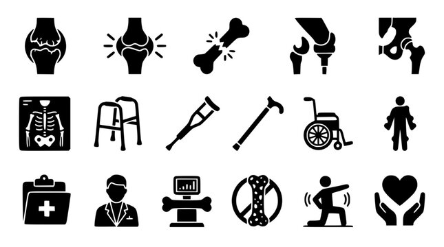 Orthopedic Treatment and Bone Joint Health Black Glyph Icon Set with Fractures, Wheelchairs, Crutches, X-Rays, and Physiotherapy Rehabilitation Symbols for Clinics