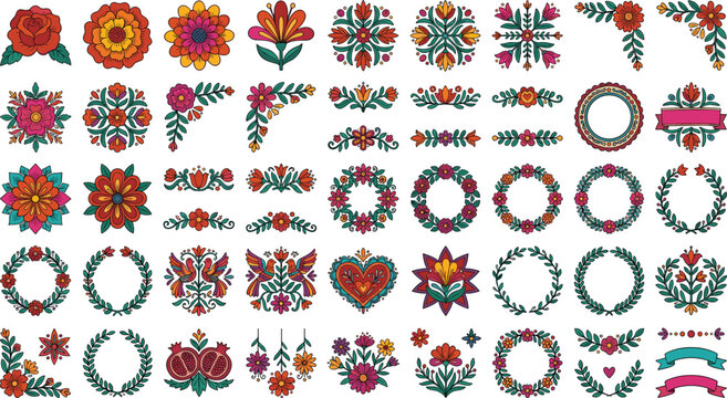 Traditional Hungarian Kalocsa and Matyo Folk Art Floral Elements Vector Set with Colorful Embroidery Inspired Patterns, Wreaths, and Decorative Borders for Design