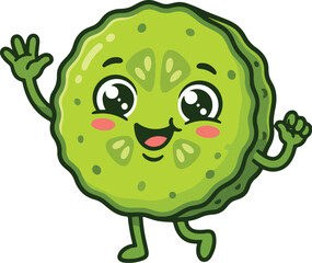 Fototapeta premium A cute and funny pickle slice mascot cartoon character, a smiling pickle with a happy cucumber pickle face, waving