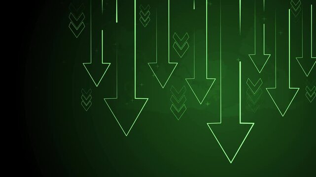 Abstract background with many arrows pointing down showing decline decrease and negative trend animation