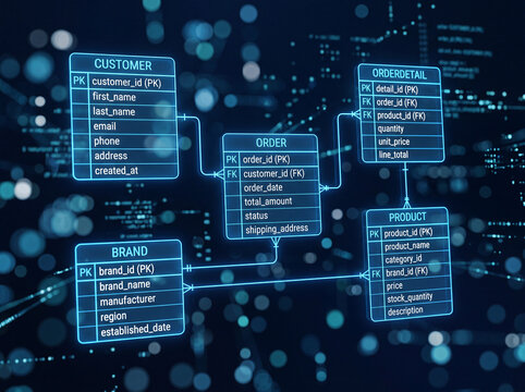 Database schema diagram on digital screen. Relational data structure for software development.