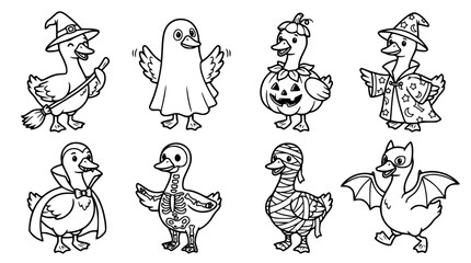 Obraz premium Spooky Halloween Ducks Vector Character Set with Witch, Ghost, Vampire, Pumpkin, and Mummy Costumes Line Art for Kids Autumn Holiday Coloring Pages