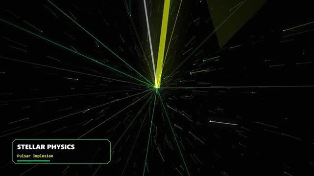 Stellar Physics Pulsar Implosion featuring glowing green and yellow light rays expanding in dark space