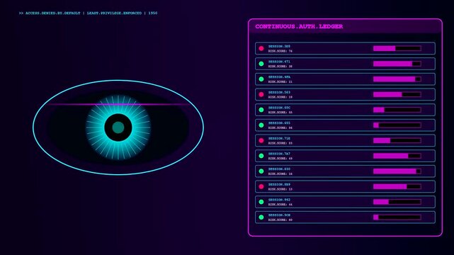 A zero trust digital security system displays glowing neon eye graphics alongside an animated data log panel during a continuous authentication process for secure network access