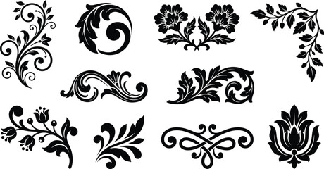 Obraz premium Collection of vintage black floral ornaments, scrollwork silhouettes, and elegant corner flourishes for decorative designs