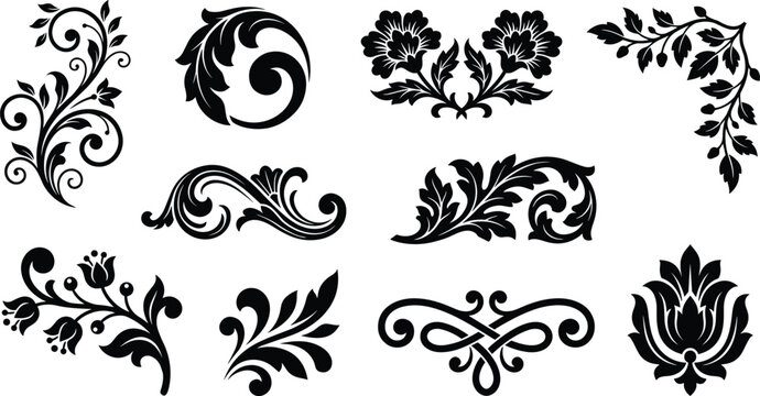 Collection of vintage black floral ornaments, scrollwork silhouettes, and elegant corner flourishes for decorative designs