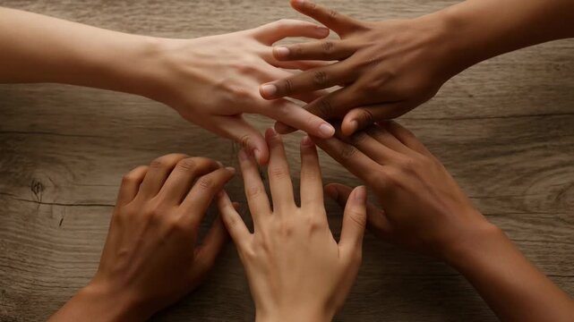 Diverse hands connecting on wood symbolizing unity partnership human connection teamwork collaboration bond diversity gesture togetherness