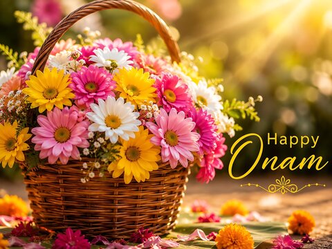 Colorful daisy bouquet in a wicker basket with golden Happy Onam text, vibrant flowers, and warm sunset light