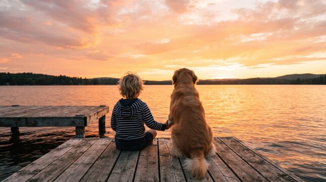 Child and dog sitting on wooden dock watching sunset over calm lake during evening