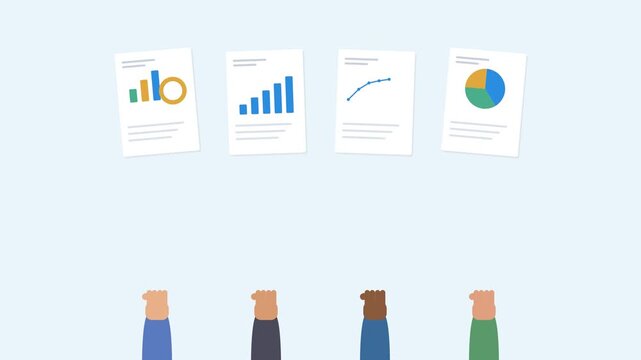 diverse hands holding up data report sheets with animated charts, sky blue tone