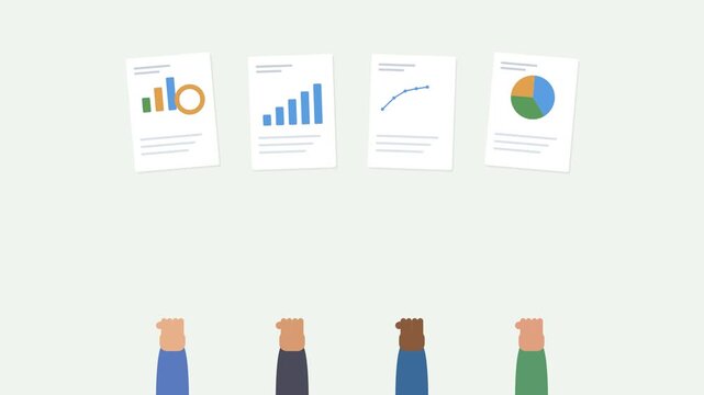 diverse hands holding up data report sheets with animated charts, sage green tone