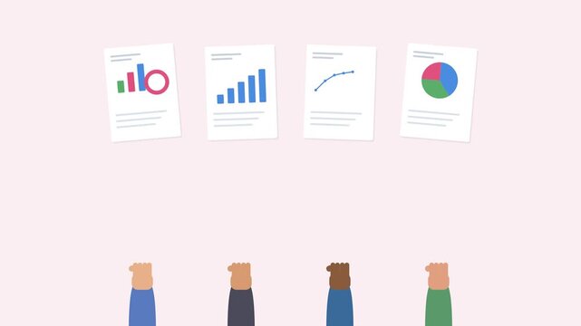 diverse hands holding up data report sheets with animated charts, rose tone
