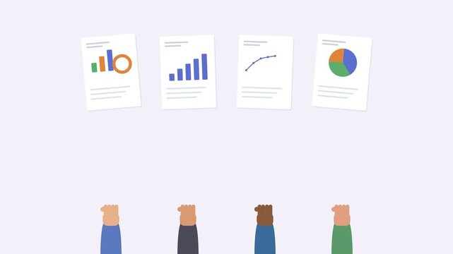 diverse hands holding up data report sheets with animated charts, lavender tone