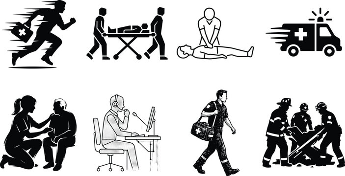 Emergency Medical Services and First Responder Icons Set Featuring Ambulance CPR Rescue and Healthcare StaffEmergency Medical Services and First Responder Icons Set Featuring Ambulance CPR Rescue 