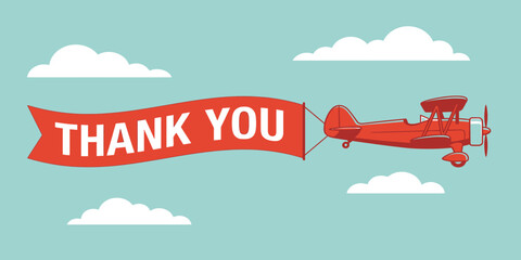 Vintage biplane pulling 'thank you' banner retro appreciation illustration © MSTANWARA