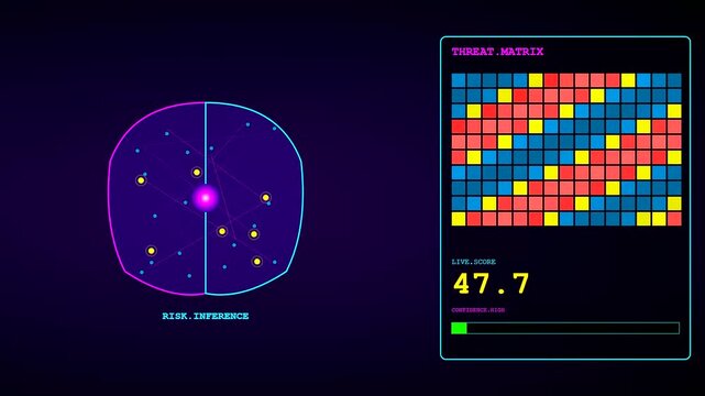 Three segmented digital screens display a zero trust cyber monitoring system with flashing grid matrices and colorful glowing dots inside a dark computer interface environment
