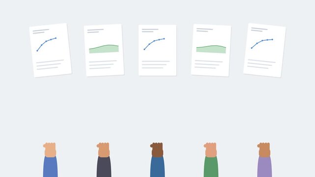diverse hands holding up report sheets with animated line and area charts, gray tone