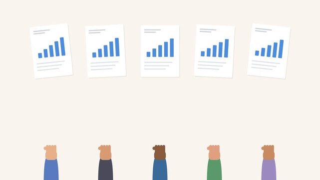 diverse hands holding up report sheets with animated bar charts, warm tone