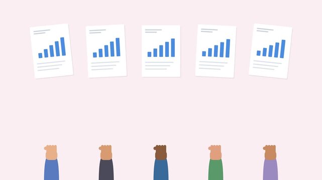 diverse hands holding up report sheets with animated bar charts, rose tone