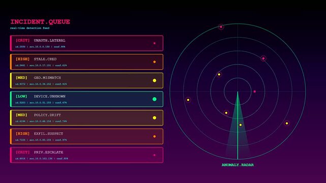 a cyber security zero trust monitor displays evolving network threats and radial radar scanning patterns across three digital interface panels in a dark server room