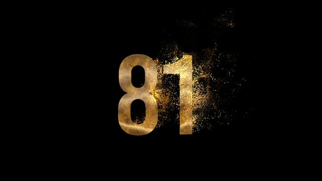 Beautiful Golden Number 81 with Golden Particles and Transparent Background, Golden Number Eighty One