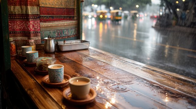 Tea cups on rustic wet wooden table by the window during rainy day in city. Warm drink in traditional ceramic mug. Cozy atmosphere, relaxation concept, monsoon weather scenery.