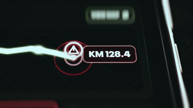 Close-up of a red warning marker at kilometer 128.4 on a glowing gas pipeline route