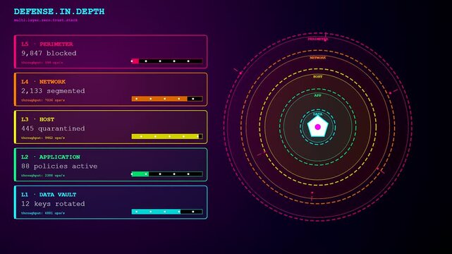 a zero trust cyber security dashboard displays scrolling digital data metrics with concentric circular graphical user interface rings pulsing through a dark virtual monitor screen interface