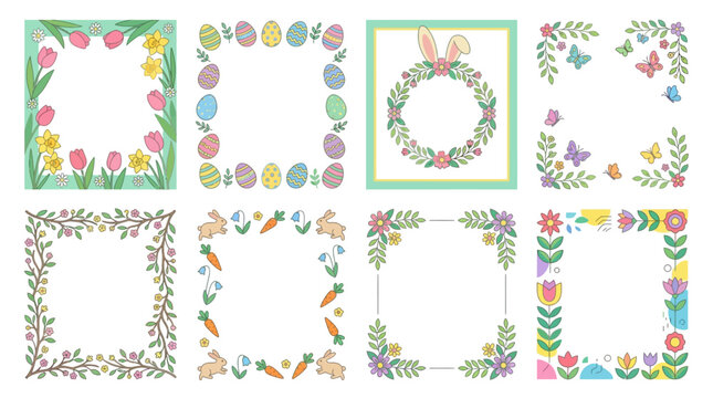 Collection of colorful Easter spring floral frames and borders with eggs rabbits and butterflies for holiday greeting card designs
