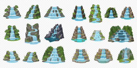 Set of cartoon waterfalls and cascades on rocks and mountains with green foliage, vector illustration isolated on transparent background. © Akun