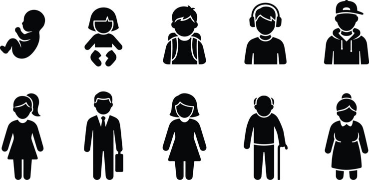 Collection of human life cycle silhouette icons representing different ages and generations from baby to senior