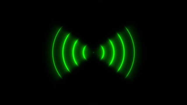Green radio waves emitting from a central point on a black background glowing neon style signal