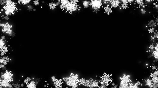 White snow border on black glowing winter flakes, soft dots, empty center space festive text. for Christmas , holiday greetings, winter cards, seasonal intros, party invites, motion overlay designs.