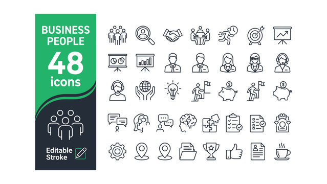 Business People Line Icon Set &ndash; Teamwork, Leadership, Meeting & Corporate Symbols

