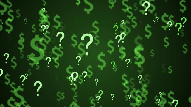 Dark abstract background with floating dollar signs and question marks, showing money uncertainty confusion and financial doubt animation