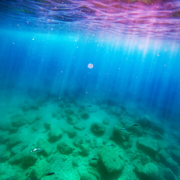 Underwater scene with sun rays illuminating ocean depth.