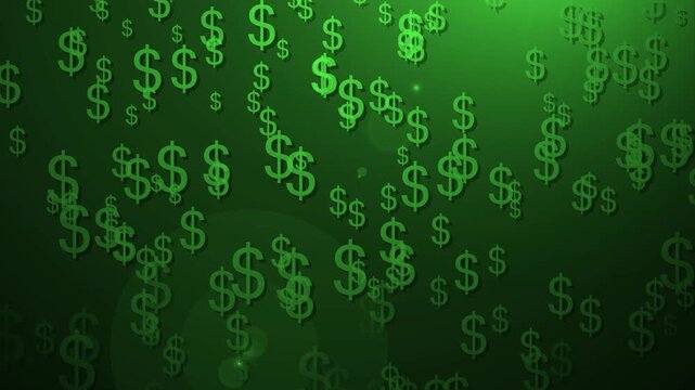 Many dollar signs floating on a dark gray background, showing money finance and wealth concepts animation