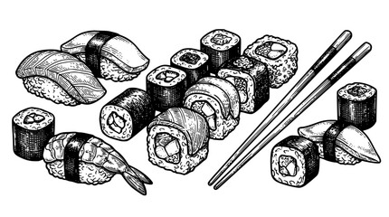 Detailed Hand Drawn Vintage Ink Sketch of Japanese Sushi Set Featuring Maki Rolls Nigiri Salmon Prawn Chopsticks for Restaurant Menu Vector Illustration © Md Imran