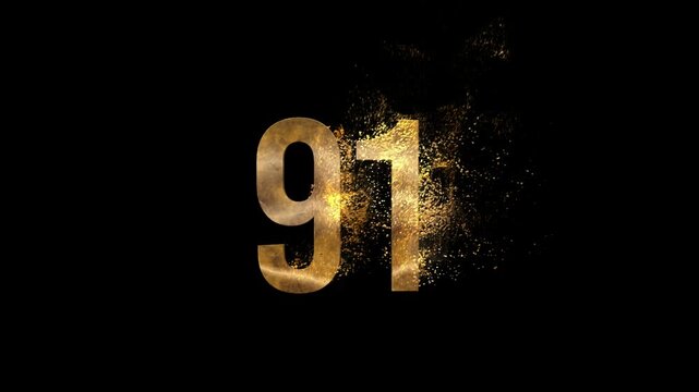 Beautiful Golden Number 91 with Golden Particles and Transparent Background, Golden Number Ninety One